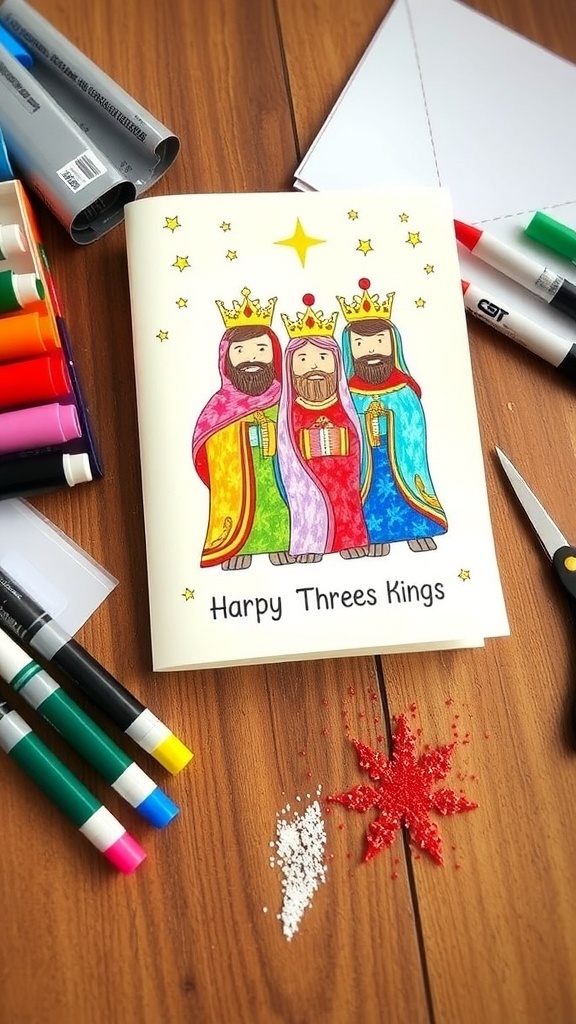 A handmade Three Kings Christmas card with colorful illustrations of the Wise Men on a crafting table.